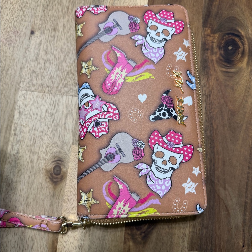 Betsey Johnson Tan Wallet with Pink, White & Black Cowboy Skull Print